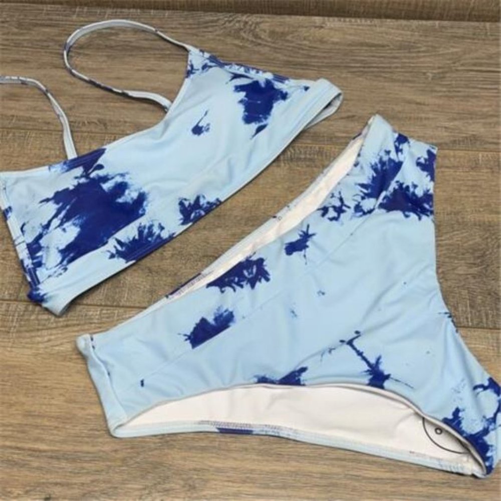 Women Swimsuit Bandeau Benage Bikini Set Push-Up Brasilia Tie-Dye White/Blue L